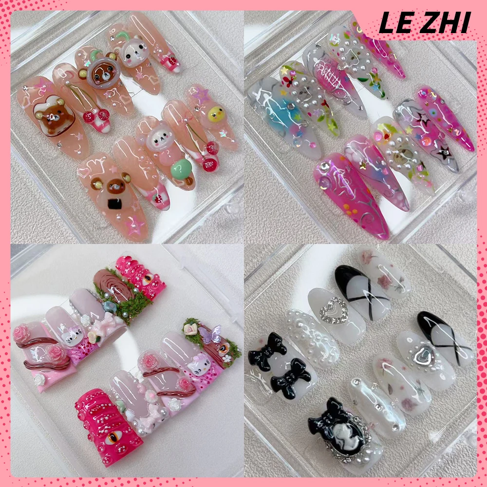 

10Pcs Sweet Cool Rilakkuma Handmade Long Almond Colorful Glitter Sequins Fake Nail Flower Pearl Diamond Bow French Press On Nail