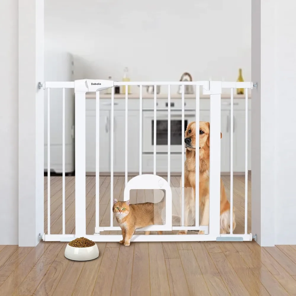 

Baby Gate with Adjustable Cat Door, 29-43" Auto Close Durable Dog Gate for Stairs, Doorways and House