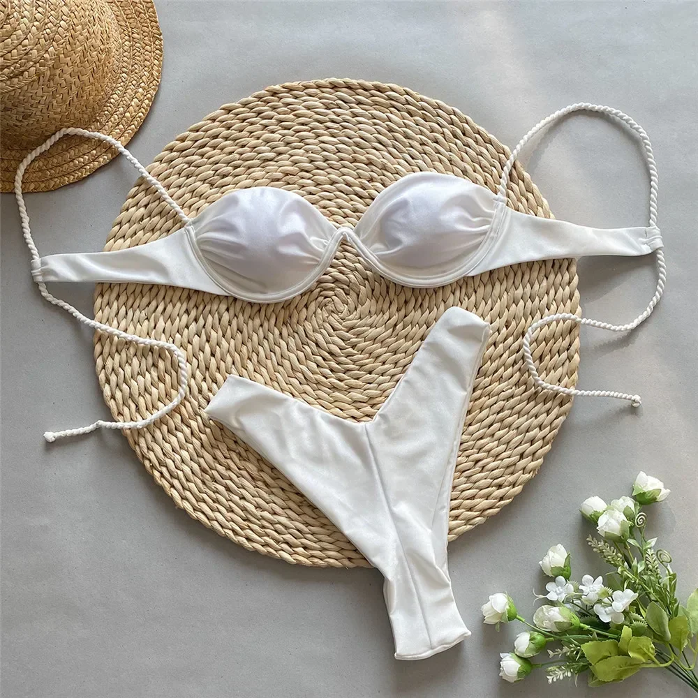 White Push Up Bikini 2025 Women Underwired Swimwear String Swimsuits High Led Cut Bathing Suit Wrinkled Sexy Bikinis Sets mujer