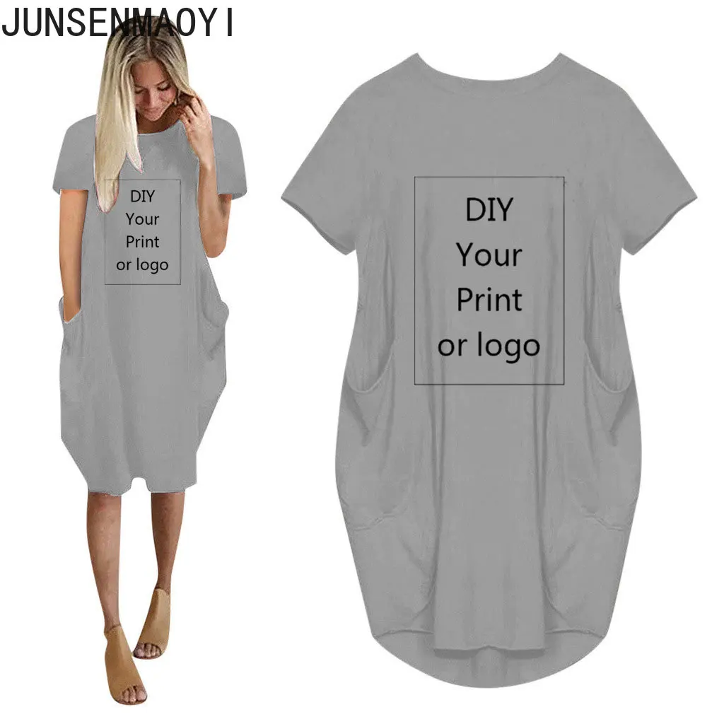 DIY Your like Photo or Logo Women Casual Loose Dress With Pocket Ladies Fashion O Neck Long Tops Female T Shirt Dress