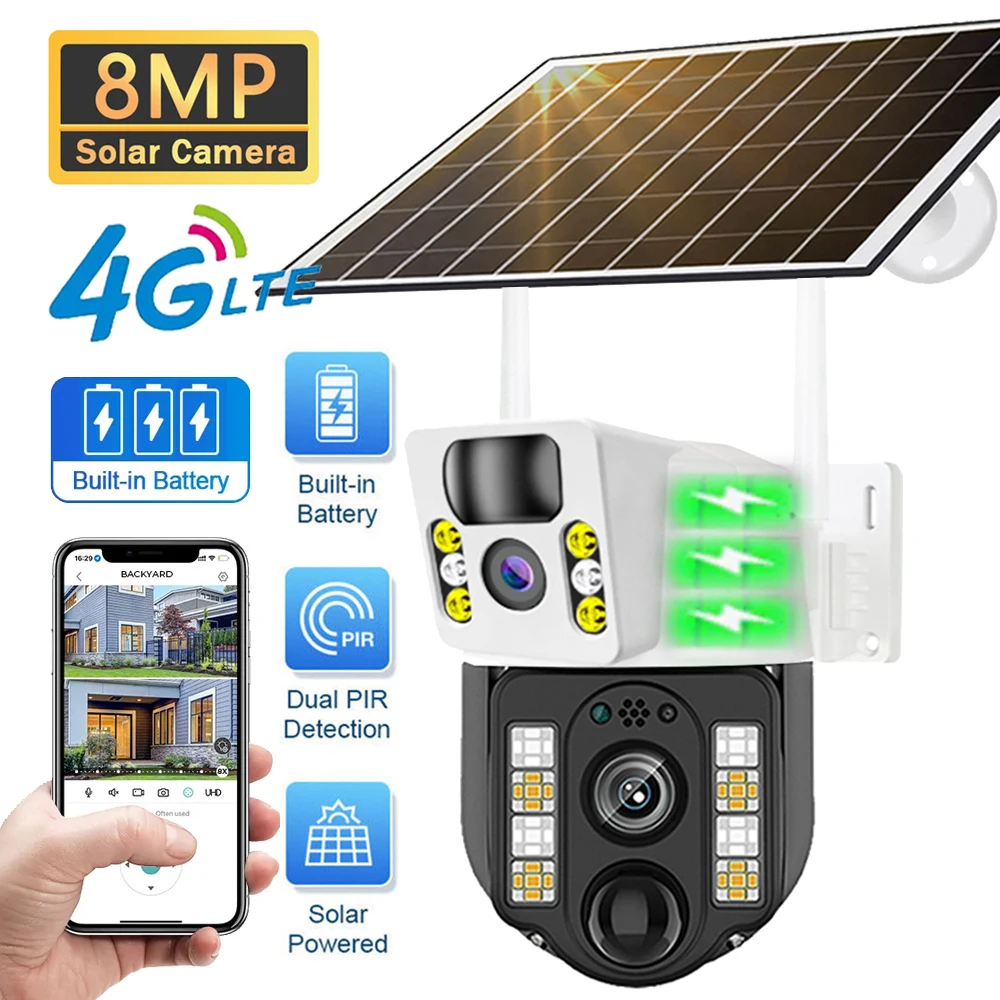 

Monitor de vídeo CCTV Cámara 4G con energía Solar, resistente al agua, detección de movimiento Pir, 4K, 8MP, para exteriores