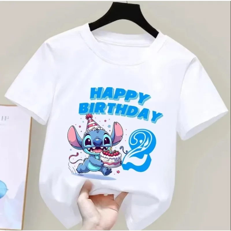 

Children's Birthday Stitch Printed T-shirt Kawaii Cartoon Boys and Girls Short Sleeved Top Baby Cotton T-shirt Birthday Gift
