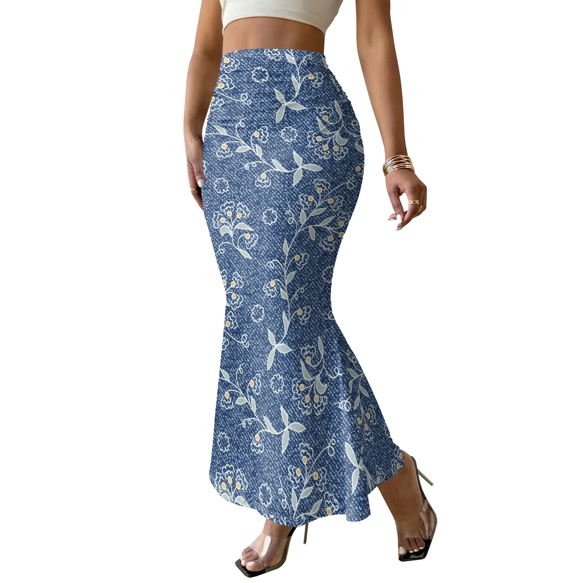 Floral Mermaid Skirt, Vintage Print Midi Skirt, Boho High Waist Skirt, Summer Beach Skirt, Women's Party Wear, S-2XL
