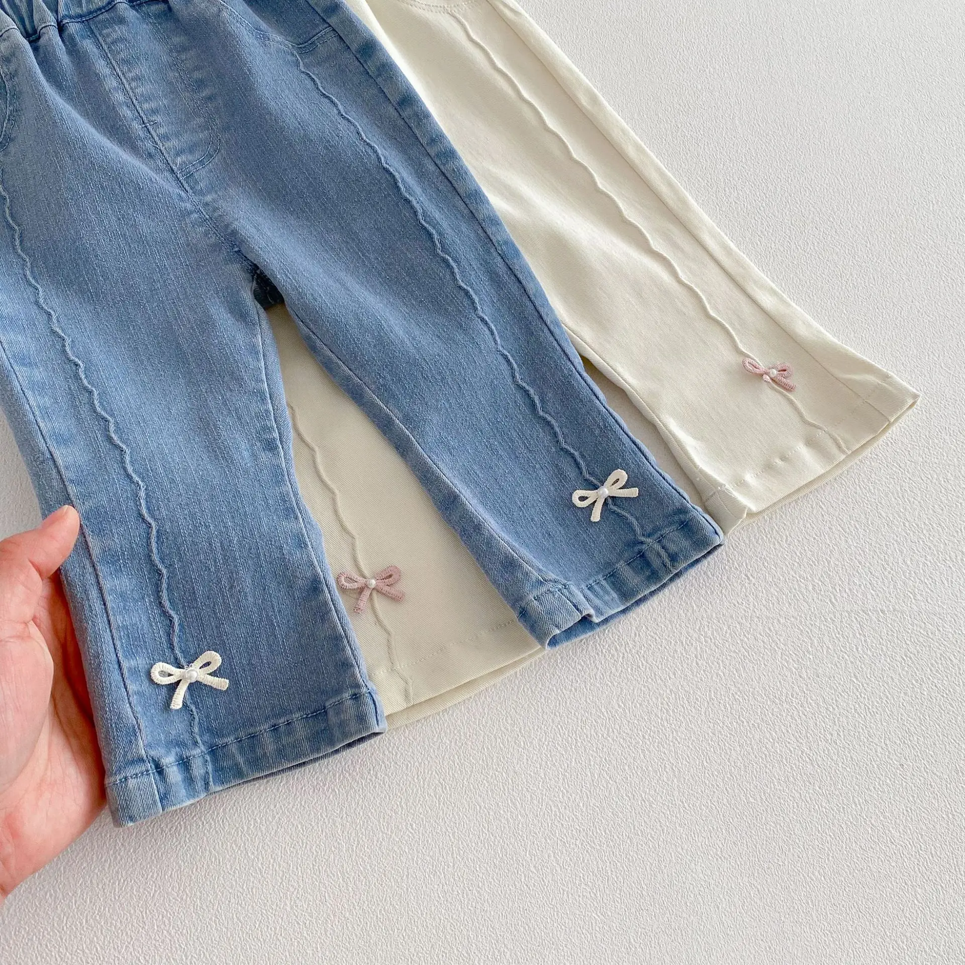 Girls' Fashion Jeans 2026 Spring and Autumn Korean Bow Pants Solid Color Baby Girl's Denim Pants Trousers