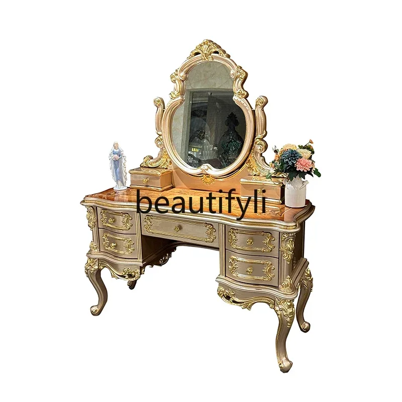 

French luxury dresser stool combination, European court solid wood carving flower curved dressing table veneer dressing tabl