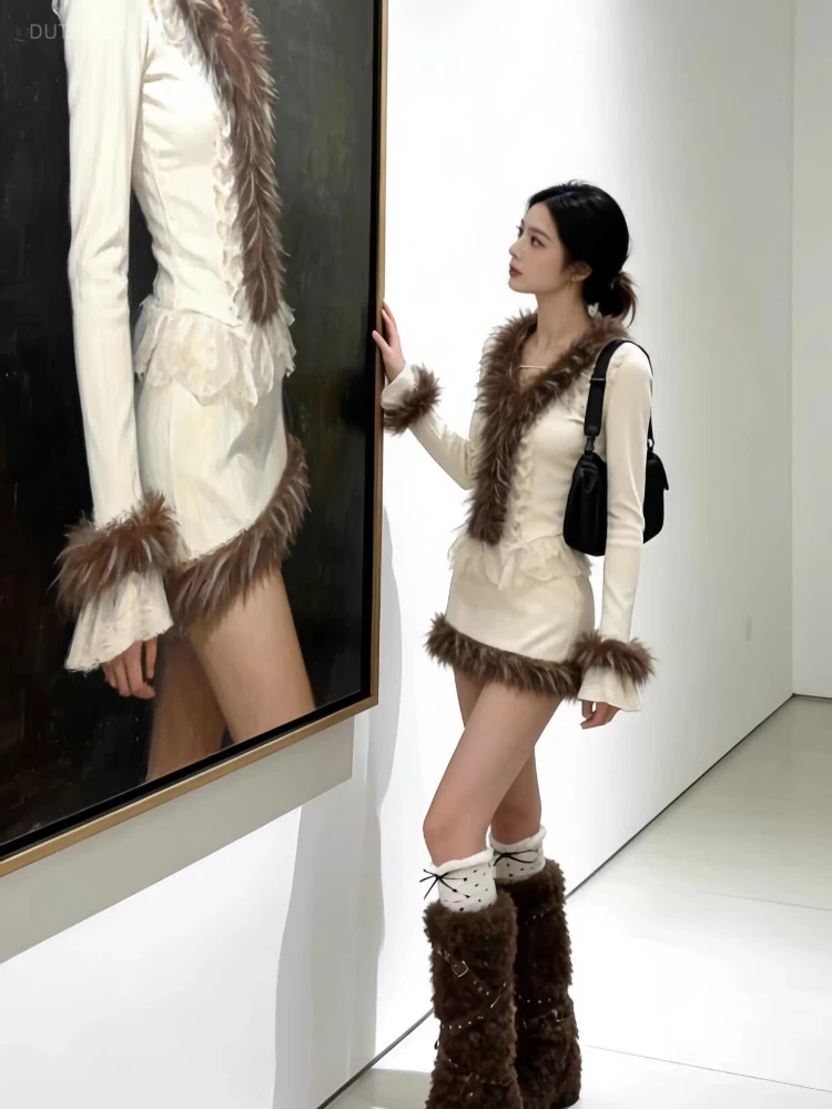 New Fashion High Street Spliced Fuur Edge Two Piece Sets Y2k Aesthetic V Neck Spliced Lace Sweater Tops Harajuku Short Skirts