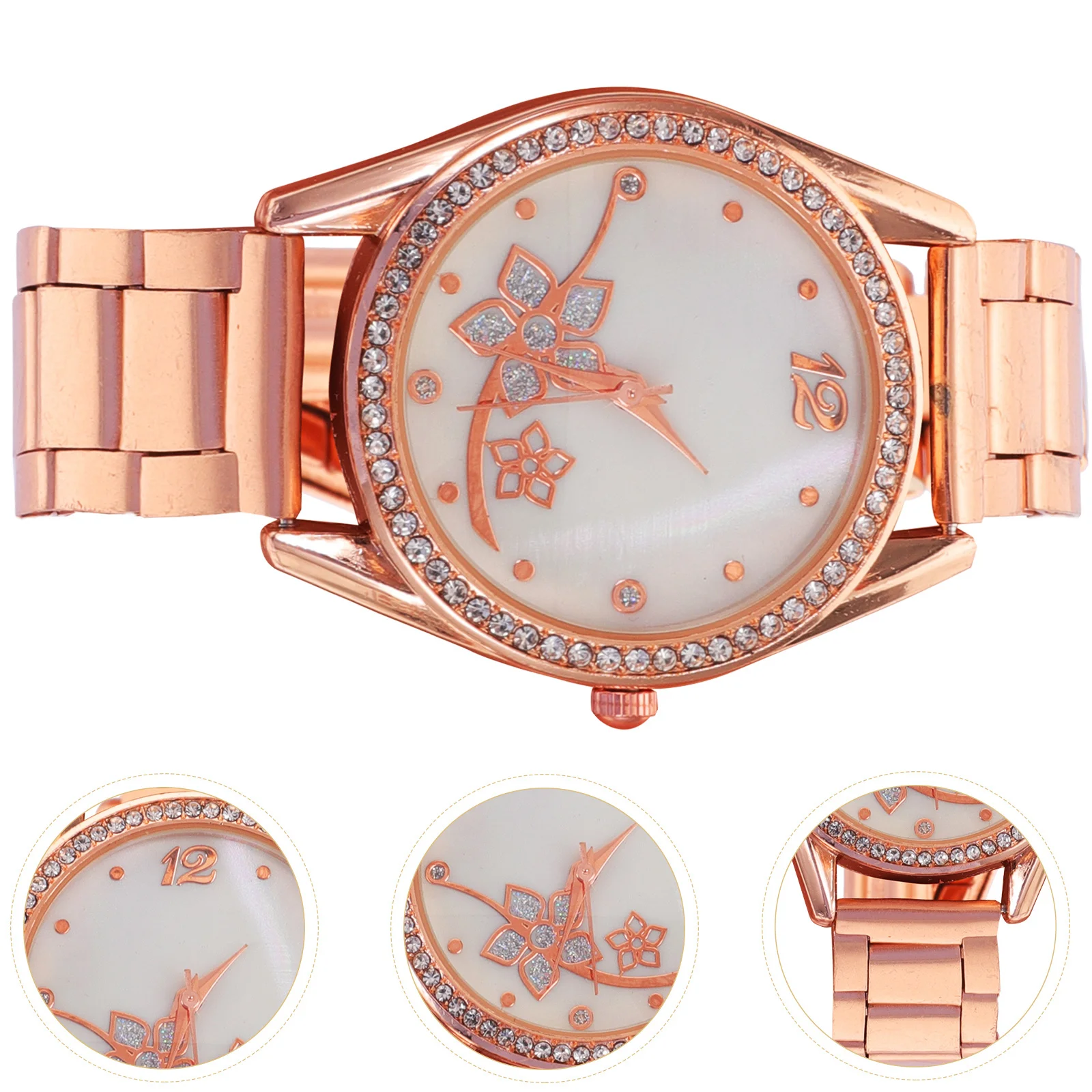 ساعة حجر الراين على شكل زهرة لساعة اليد بحزام معدني مع شريط مسامي ومينا شفافة وإبزيم معدني هدية للطلاب #2