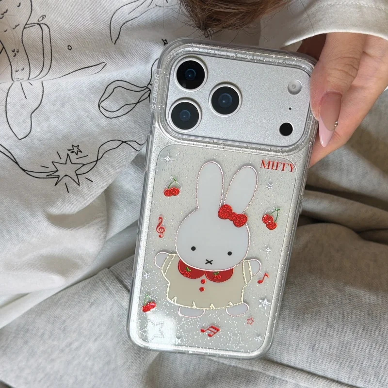 

Luxury Cute Cartoon cherry Miffy Sparkling Phone Case For iPhone 13 14 15 16 17 Pro Max Lovely Star 3D Miffy Glitter Cover﻿﻿