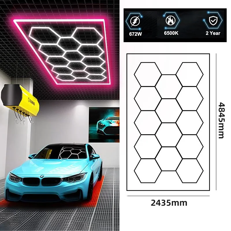 Zeshoekige garageverlichting 14 Hex 6500K superheldere honingraat LED-lampen met rechthoekig frame, IP54 waterdichte zeshoekige plafondverlichting voor autodetailing, 4S werkplaats, sportschool,