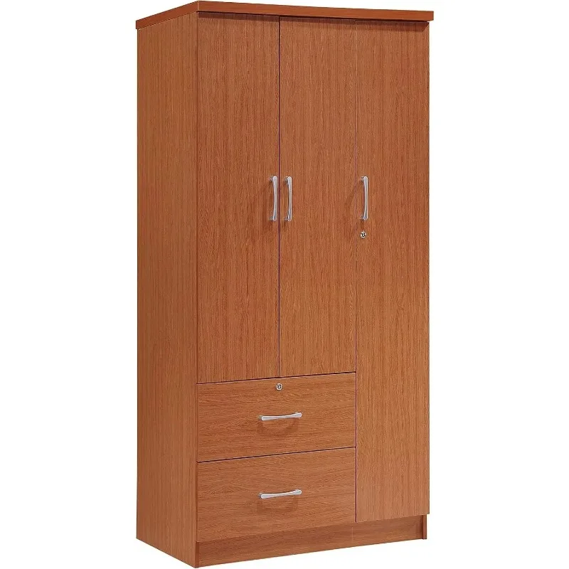 A Wardrobe Closet, Hodedah 3-Door 2-Drawers, 3-Shelves in White Bedroom Armoires, Wardrobe Cabinet with Hanging Rod