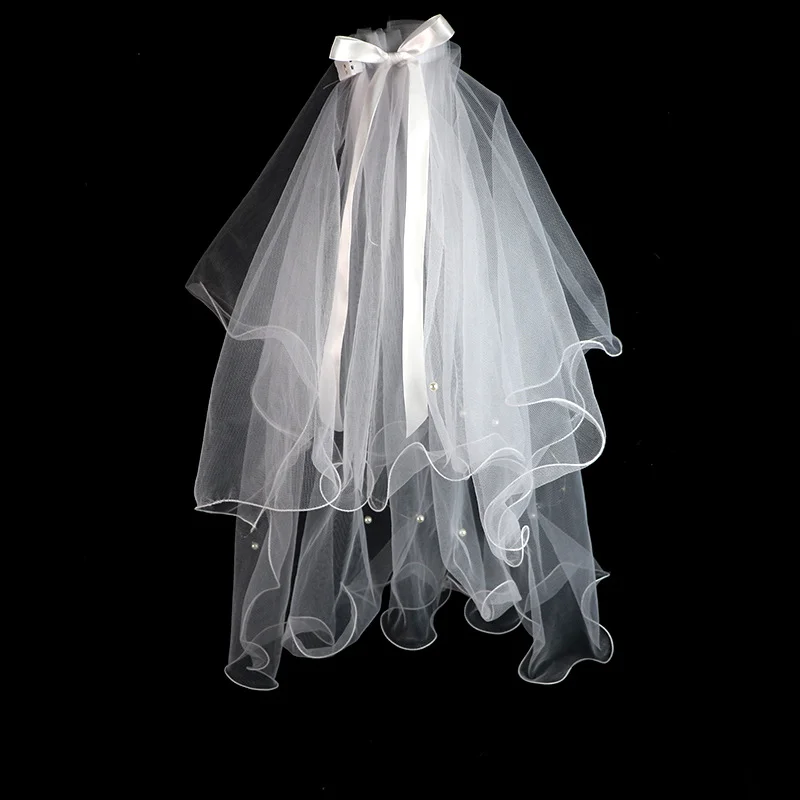 Multi Layer Wave Edge Bridal Veil with Comb, Short White Tulle Wedding Veil, Bow Decor Bridal Headwear for Wedding Photography