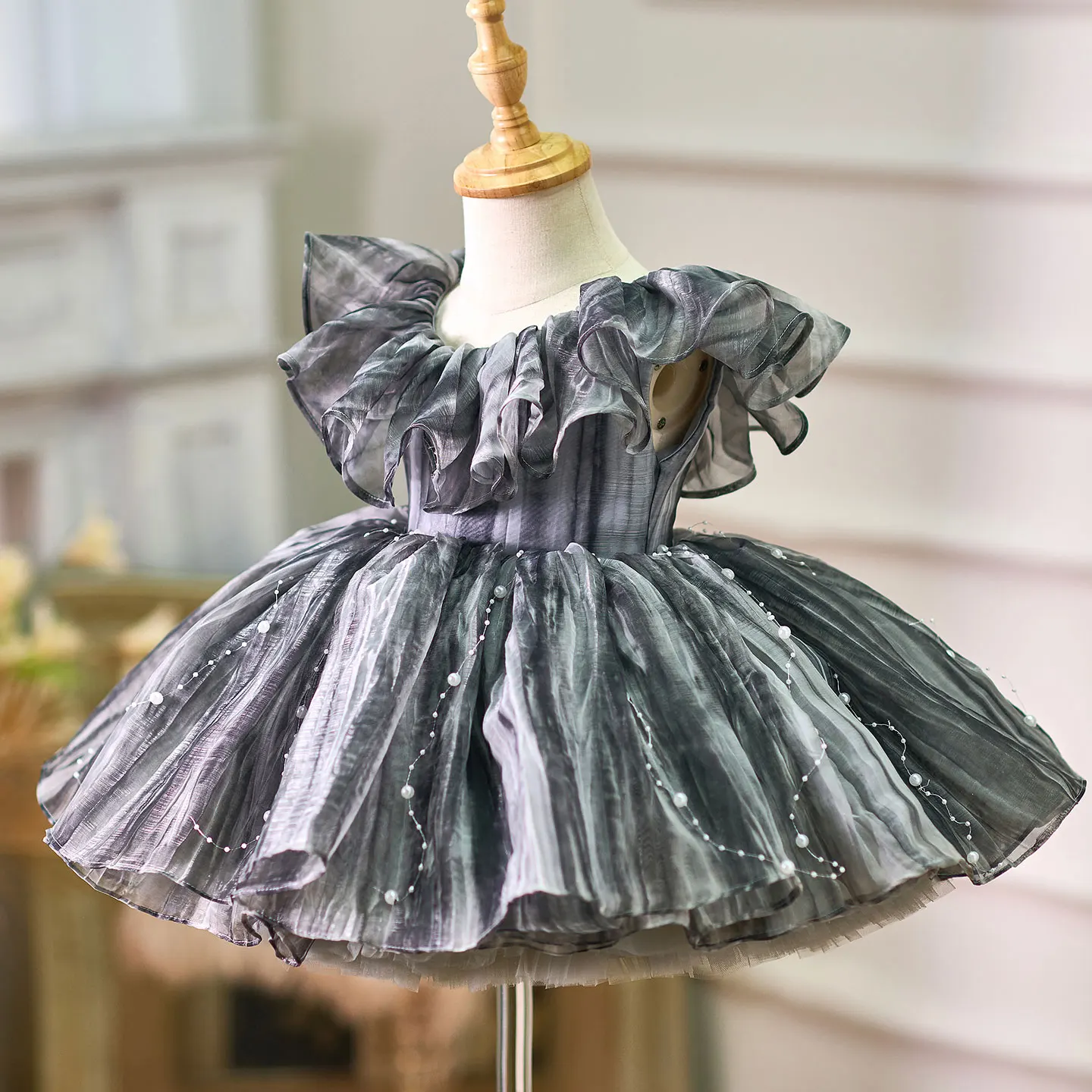 Jill Wish Black Baby Puffy Sleeve Pearls Adorable Girl Dress with Bow Knee Length Princess Wedding Birthday Party Gown J024