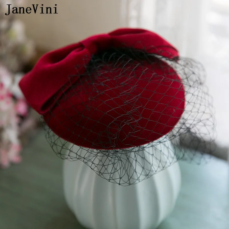 JaneVini Retro Burgundy Velvet Wedding Hat Women Black Mesh Veil Fashion Cocktail Dinner Tea Party Ladies Bride Hat Headdress