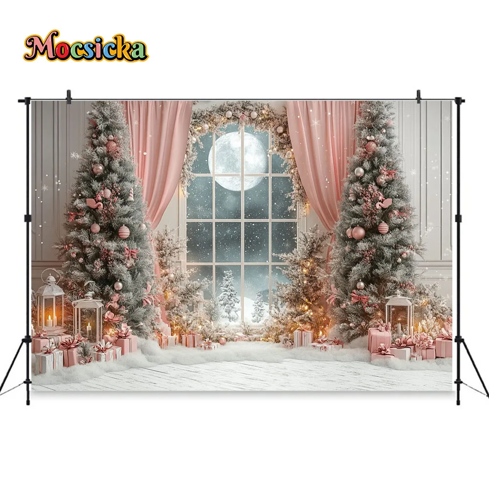 크리스마스 이브 사진 배경 생일 창 달 핑크 커튼 배경, 크리스마스 트리 랜턴 선물, 부스 스튜디오