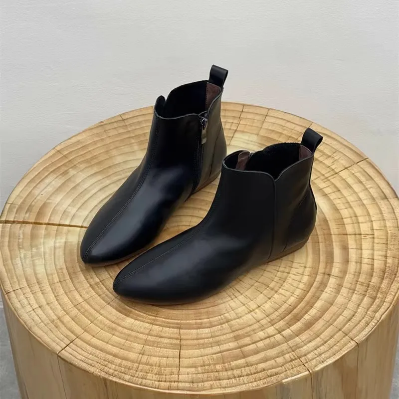 2025 جديد جلد طبيعي حذاء من الجلد النساء ريترو أحذية كعب منخفض أشار تو سستة السيدات عادية أحذية بوت قصيرة مكتب أحذية النساء #2