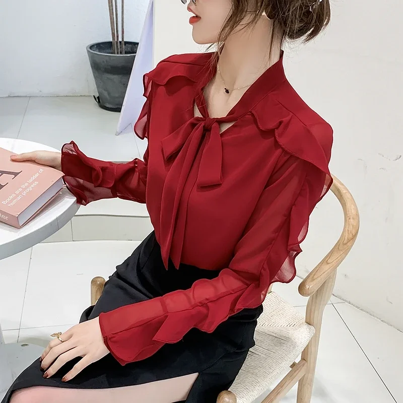 Autumn New Women's Long Sleeve Blouse Korean Fashion Ruffle Slimming Bow Women's Clothing Lace-up Scarf Collar Shirt Corset Top
