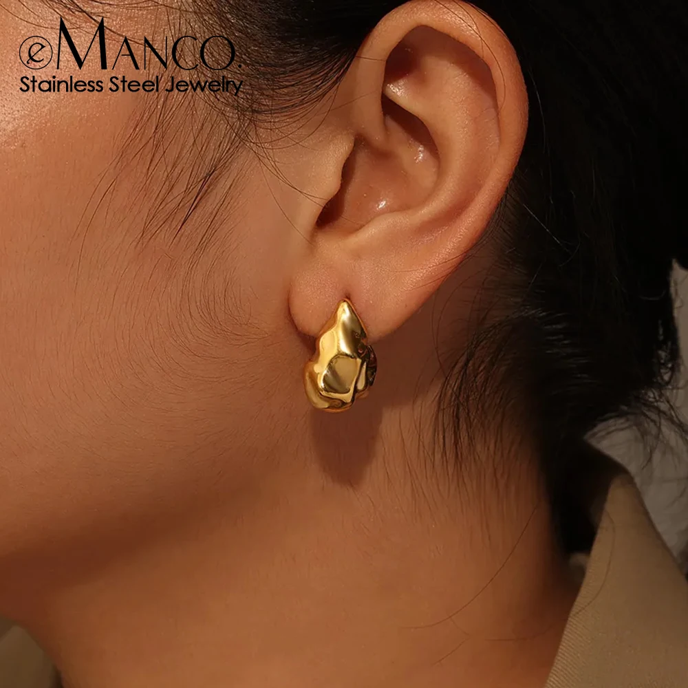 Boucles d'oreilles EManco plaquées or 18 carats, en acier inoxydable, texture irrégulière effet lave, forme D, bijoux de luxe légers pour femmes