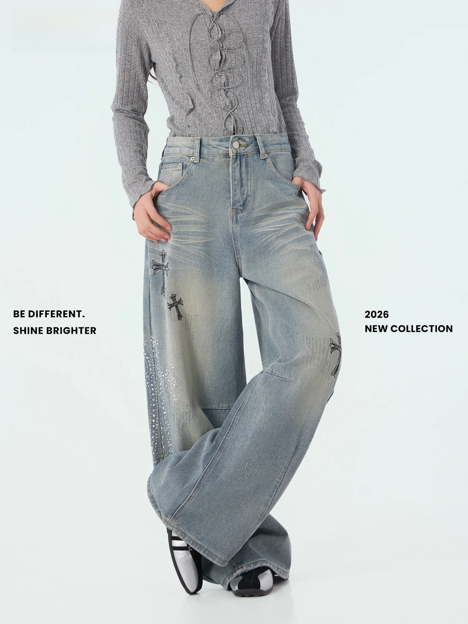 

Didimax High Waist Wide Leg Cross Design Jeans Women's Spring New Sle Waed Denim Pants iny Diamond Long Trousers