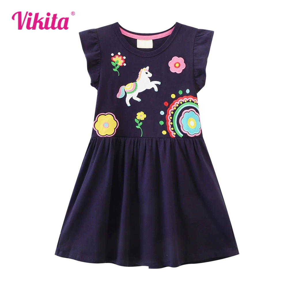 

VIKITA Girls Navy Blue Summer Flare Sleeve Dress Kids Licorne Flower Rainbow Cartoon Embroidery Cotton Casual Daily Casual Dress