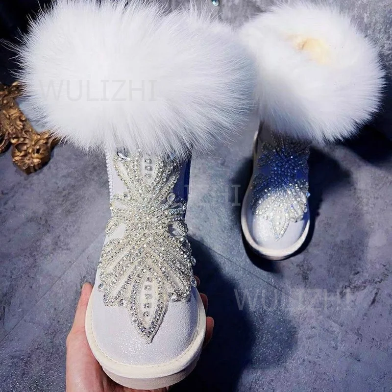 

Women Long Pile Crystal Tasseled White Feather Boots Calves Flat Warm Diamond Beads Round Toe Winter Gray Suede Woolen shoes