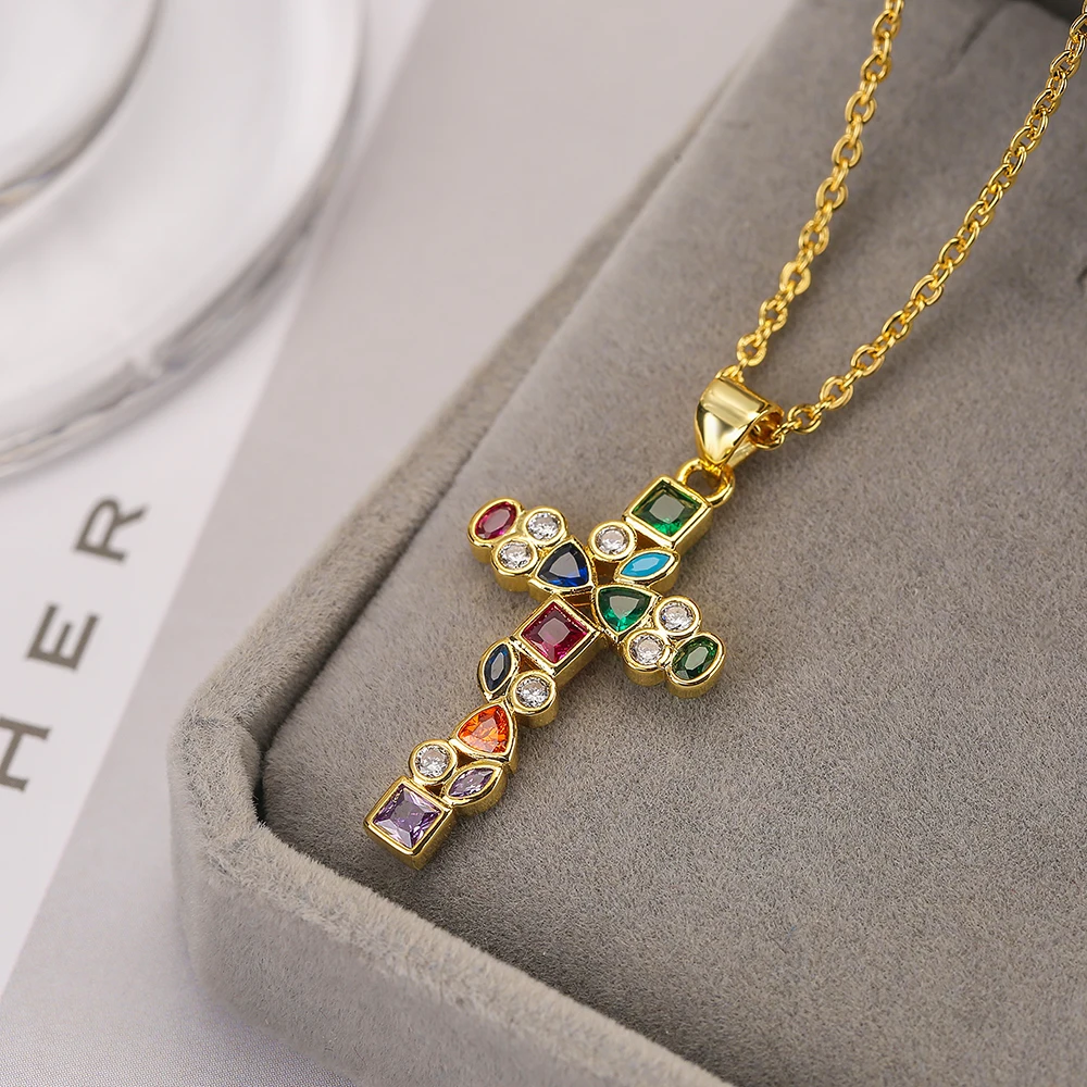 NEWBUY High Quality Gold Color Cross Pendant AAA CZ Zircon Pave Setting Christian Jewelry Stainless Steel Chain Necklace Female