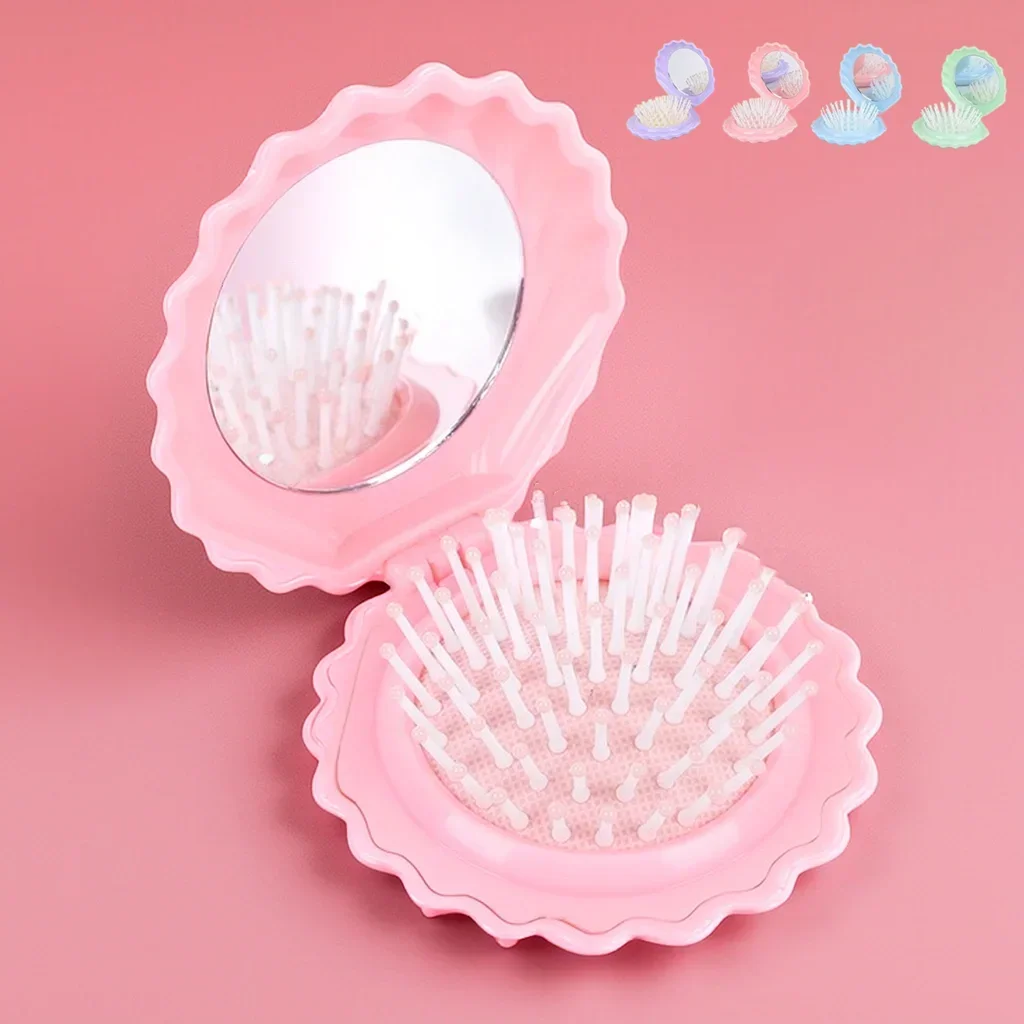 Foldable Hair Comb with Mirror Seashell shaped Massage Hair Brush Compact Size Travel Portable for Women Girl Hair Styling Tools