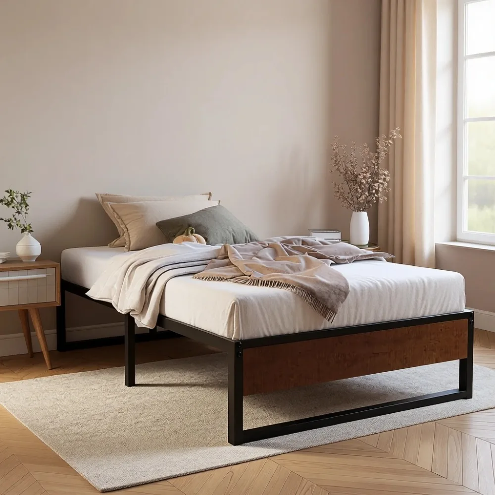 

Двуспальная металлическая кровать-платформа с отделкой под дерево в деревенском стиле и местом для хранения под кроватью, не требует пружинного блока.