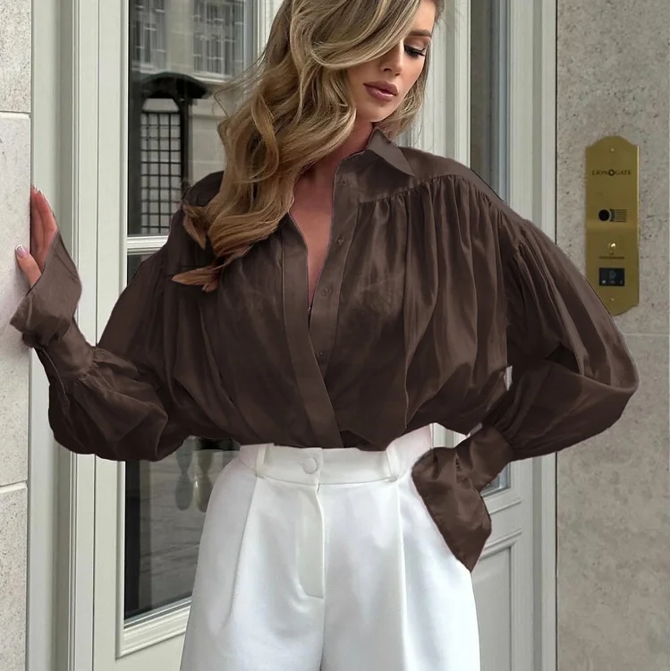 New Style Women's Loose Collar Versatile Long Swedish Shirt Commute Style Loose Fit Polyester Fabric Bell Sleeve UV Protection view 4