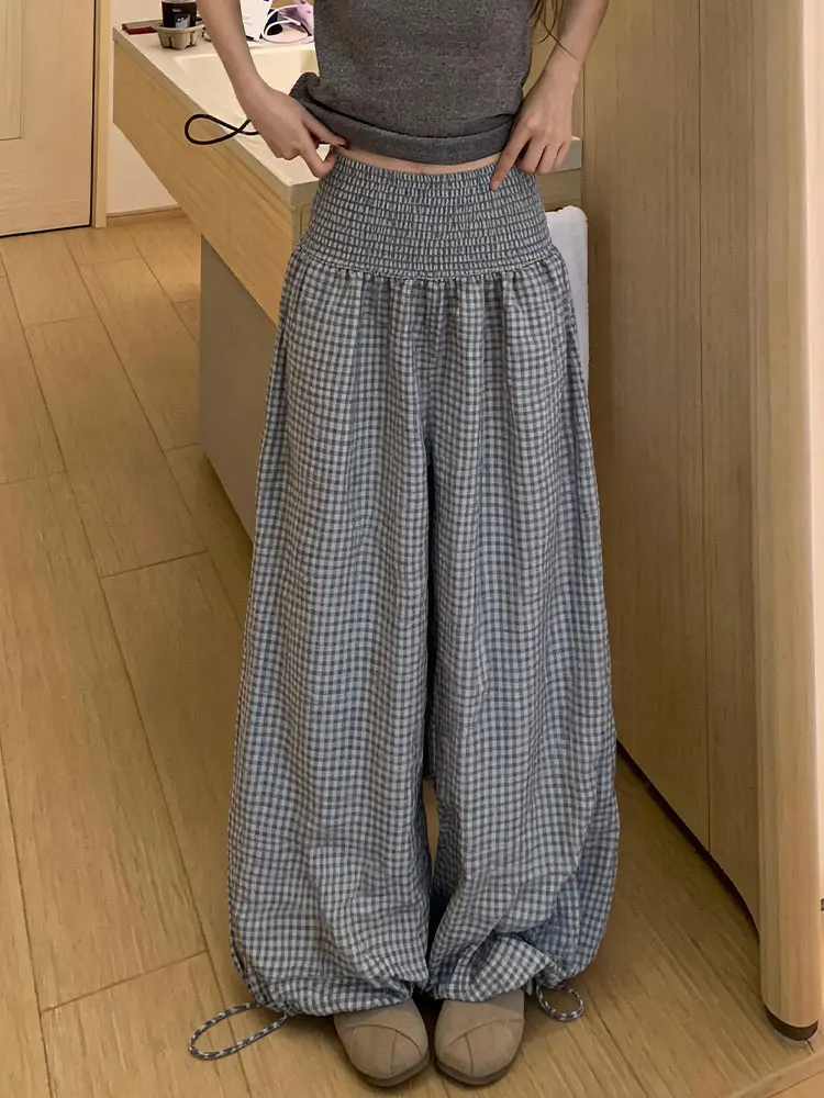 Korean Style Plaid Bloomer Pants Women Summer Thin Lazy Loose Straight Lantern Pants High Waist Draping Wide Leg Long Trousers