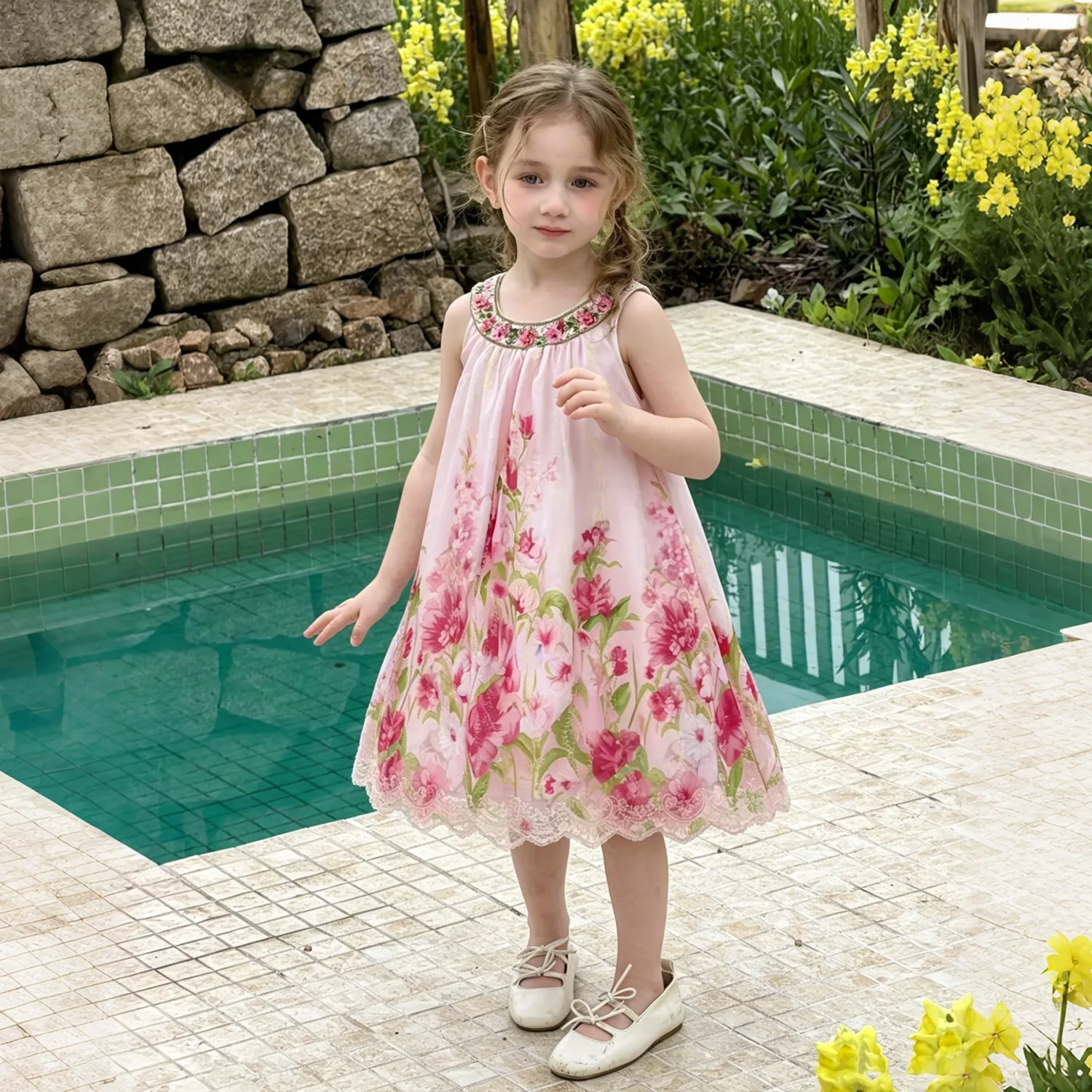 2026 Summer New Girls Hanging Neck Dress Sleeveless Heavy Industry Flower Embroidered Vest Dress