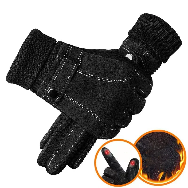 

Leather Gloves for Men Winter Cycling Pig Skin Gloves Warm Fleece Business Thick Touch Screen Outdoor Motorcycle Non-slip Gloves