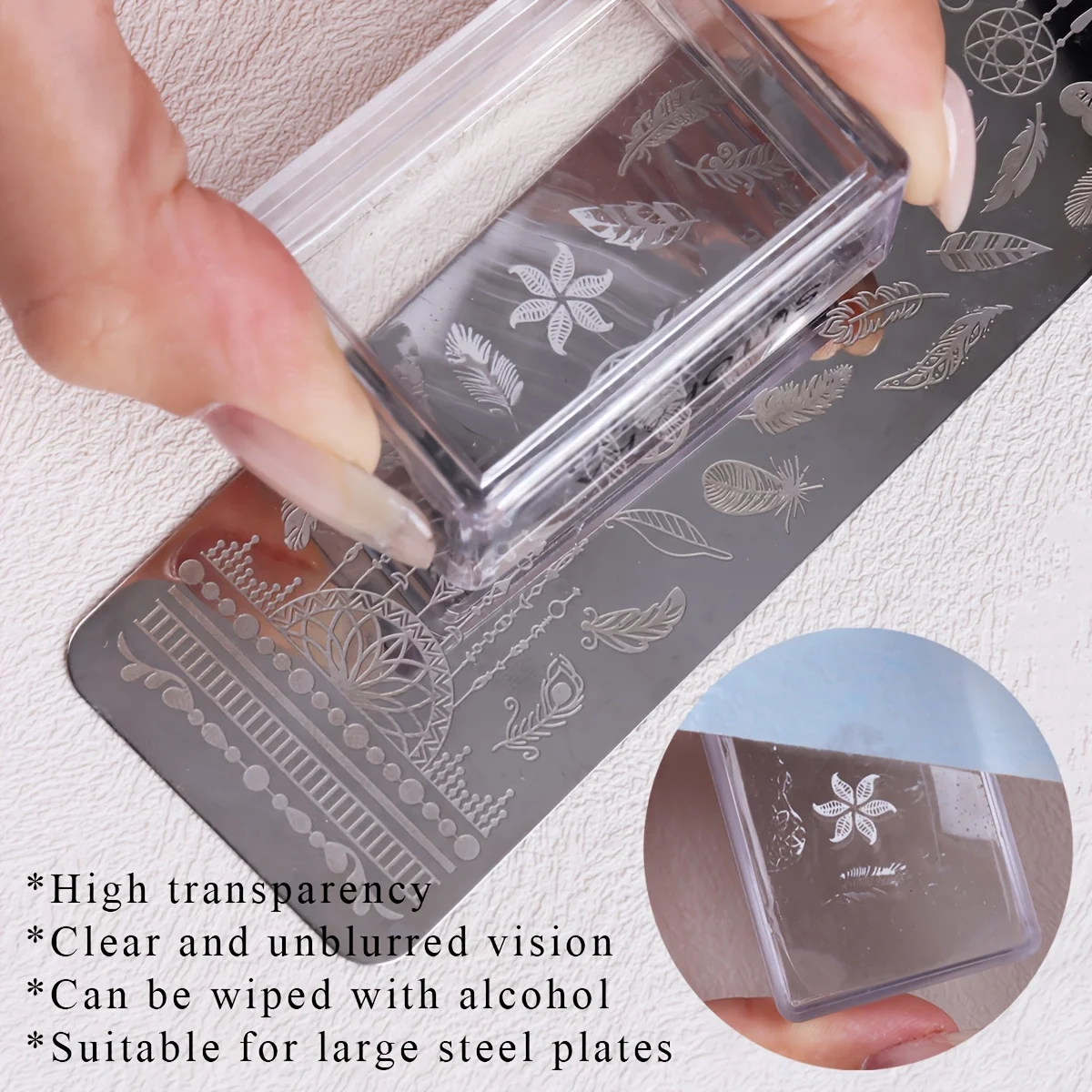 Square Clear Silicone Nail Stamp Set, Alcohol Wipeable, Suitable for Large Steel Plates, Have Scraper & Replacement Stamp Head