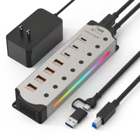 Hub USB alimentado de aluminio 10Gbps USB-A USB-C 3,2 7 puertos USB C Hub interruptores de encendido/apagado individuales adaptador de corriente de 12V para ordenador portátil