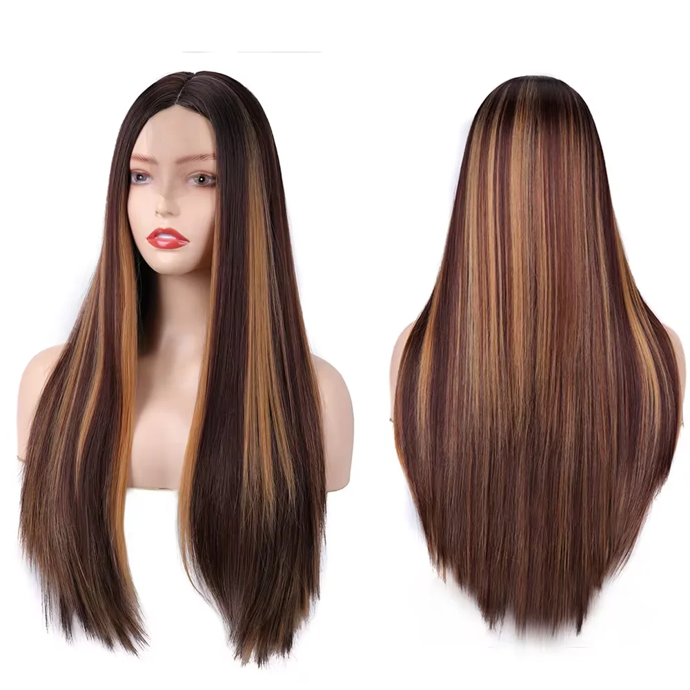 

Bone Straight Hair Highlight Wig Synthetic Full Machine Made Mixed Ombre Honey Blonde Heat Resistant Fiber for Women Glueless