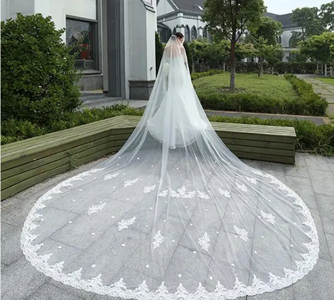 

2022 New 4 Meters One Layer Lace Tulle Long Wedding Veil New White Ivory 4 M Bridal Veil with Comb Velos De Novia