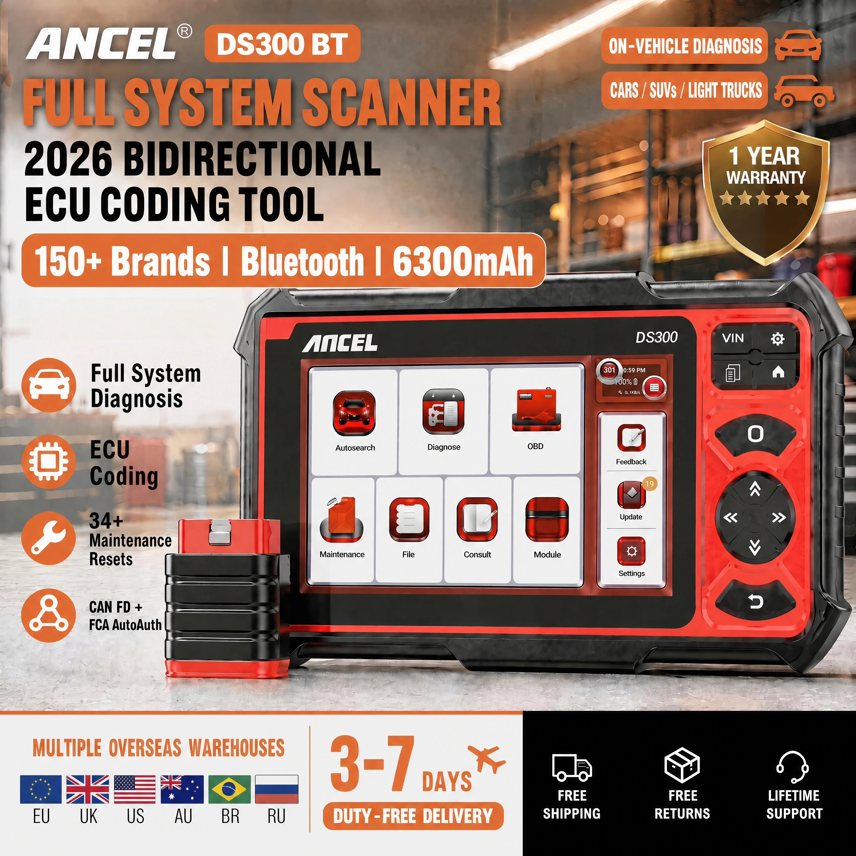 

ANCEL DS300 BT FCA AutoAuth OBD2 Scanner 2026 Bidirectional Full System 30+ Resets CAN FD Wireless Diagnostic Tool