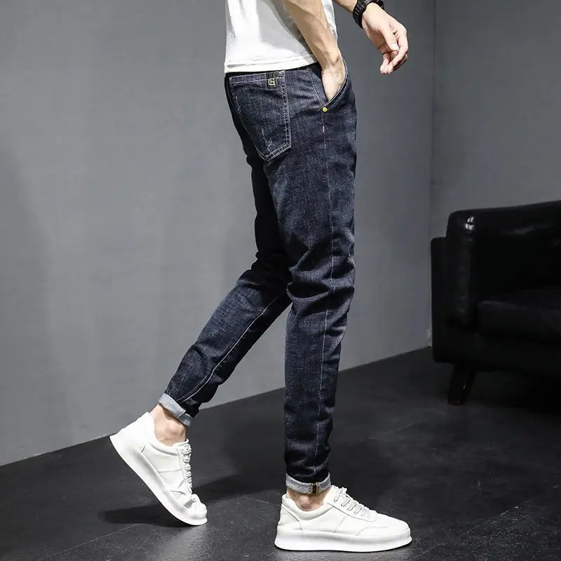 Spring and Autumn Dark Blue Casual Stylish Cargo Denim Harajuku Fashion Designer Clothes Men Slim Boyfriend  Men\'s Jeans Pants