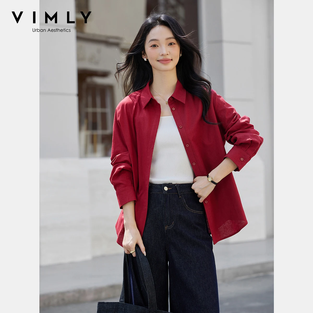 

VIMLY Red Woman Linen Shirt Long Sleeve Woman Autumn 2025 Casual New Polo Neck Loose Blouse for Women Elegant Top Femme A2367