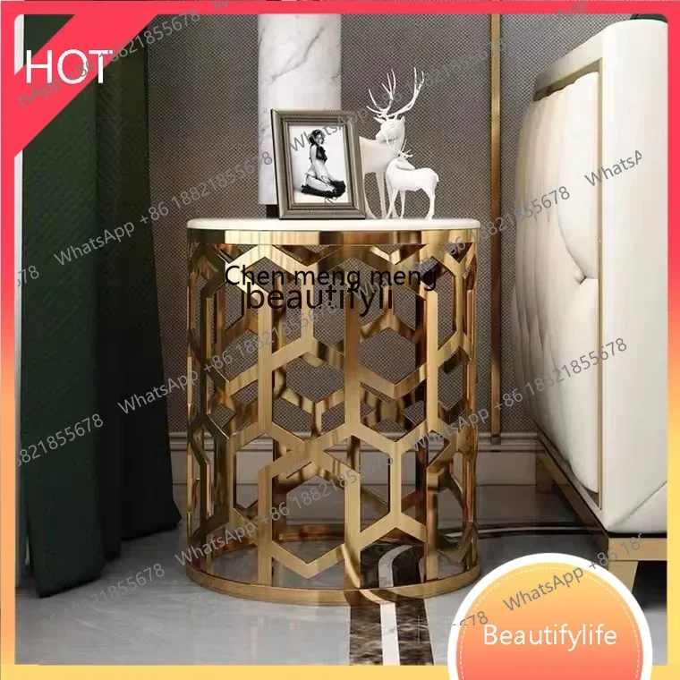 32 Light luxury simple hollow stainless steel coffee table creative oval living room marble tea table