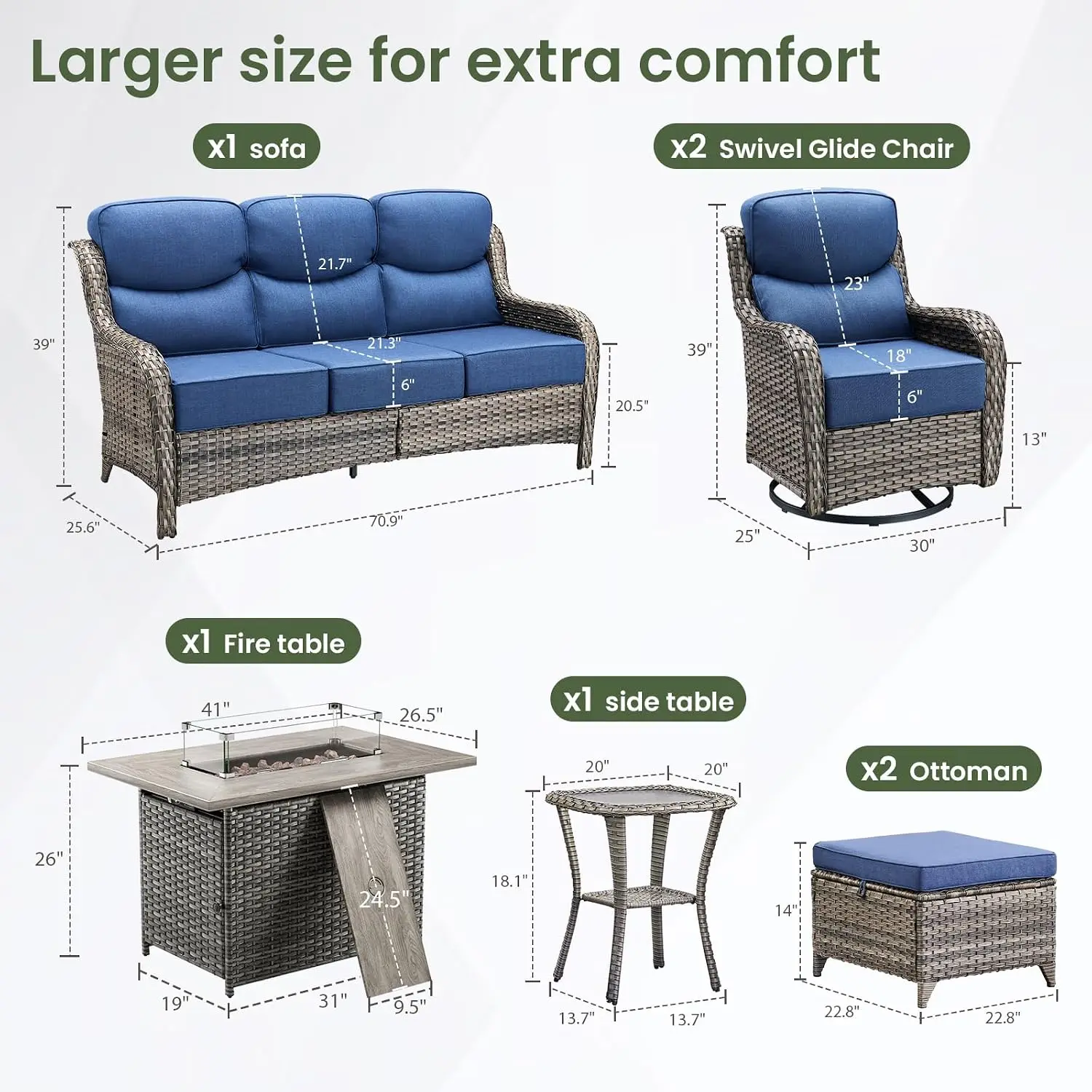Luxury Patio Furniture Set with 6-inch Thick Cushion, Outdoor Furniture with Fire Pit Table, Swivel Chairs, Sofa,, Customized