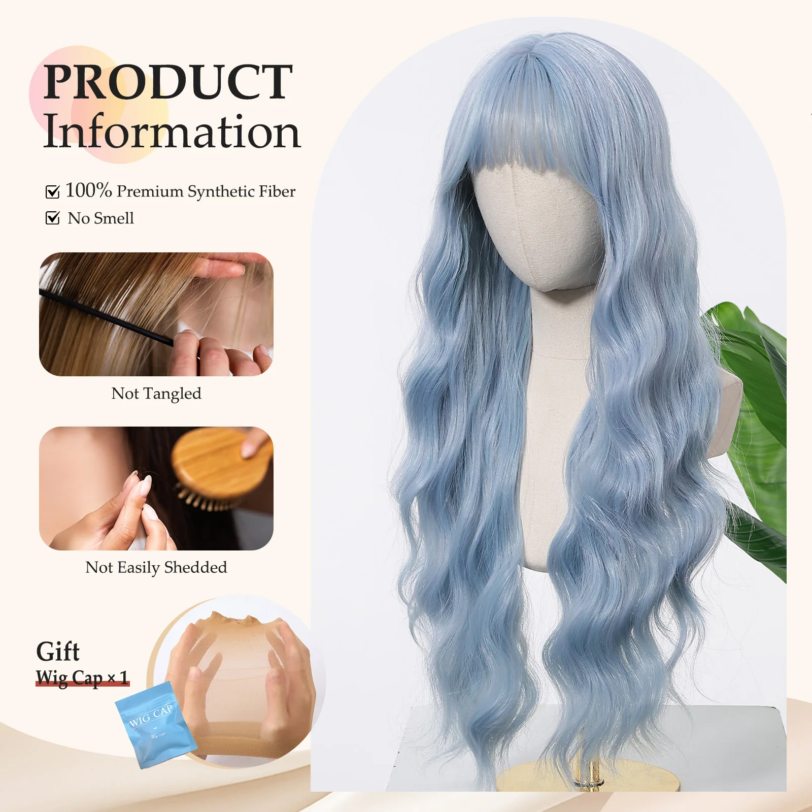 Allbell Magique Blue Hair Wig with Bangs Long Wavy Synthetic Wig Baby Blue Curly Wig for Women Daily Party Use Heat Resistant image 4