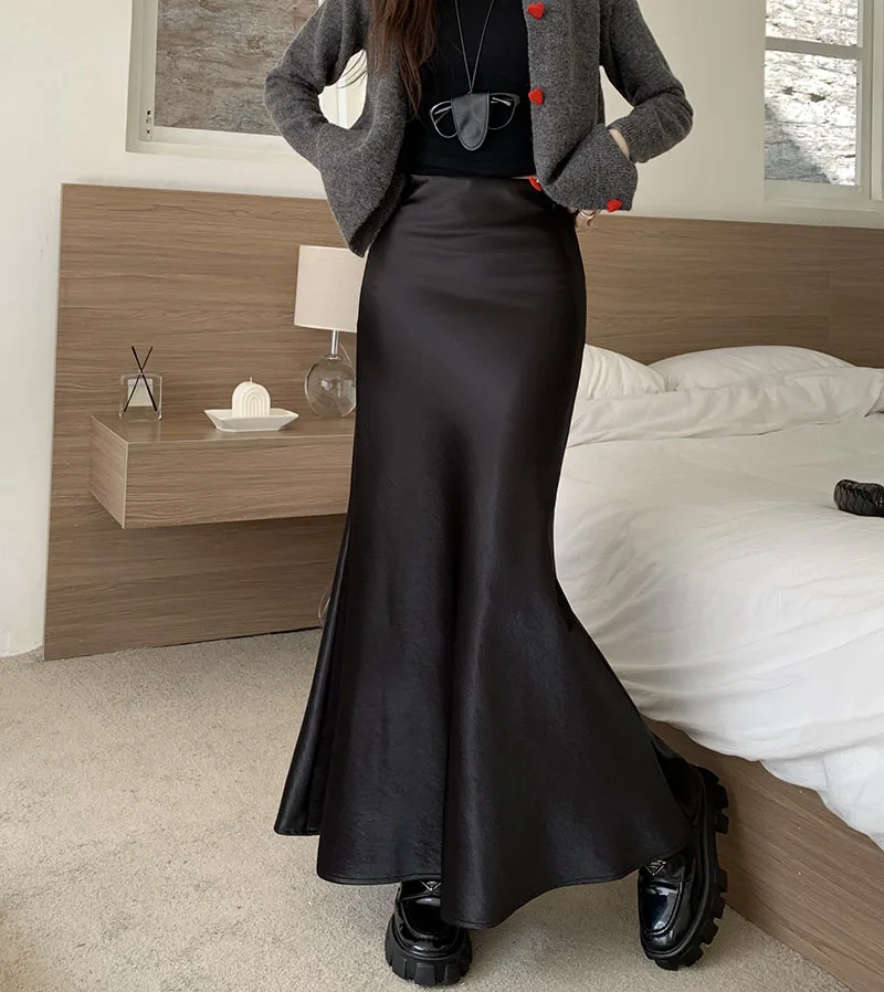 3Colors Spring Summer 2026 Korean Style Female Stain Mermaid long Skirts Women High Waist Fish Tail skirt womens(mm1682