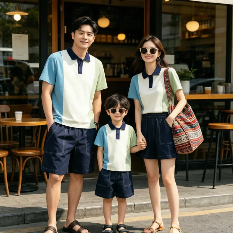 Family Matching Clothes Summer Polo Shirts Denim Shorts School Uniform Class Outfit Family Activity Wear For Parents Kids