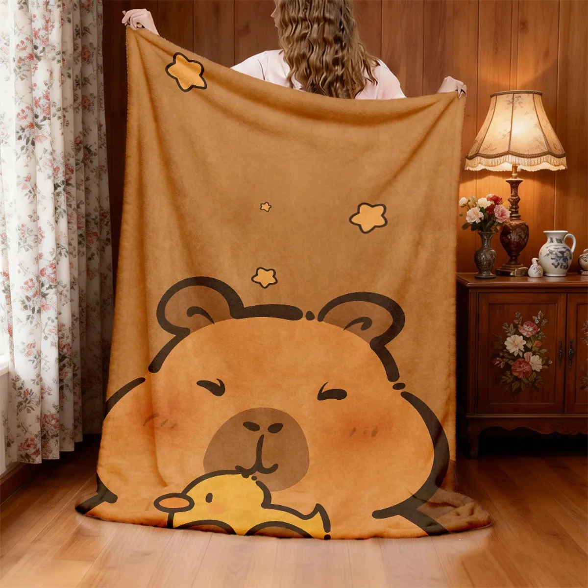 Soft Flannel Cartoon Capybara Quilt Digitally Printed Reversible Polyester Flannel, Suitable for Home Office Lunch Break All Yea