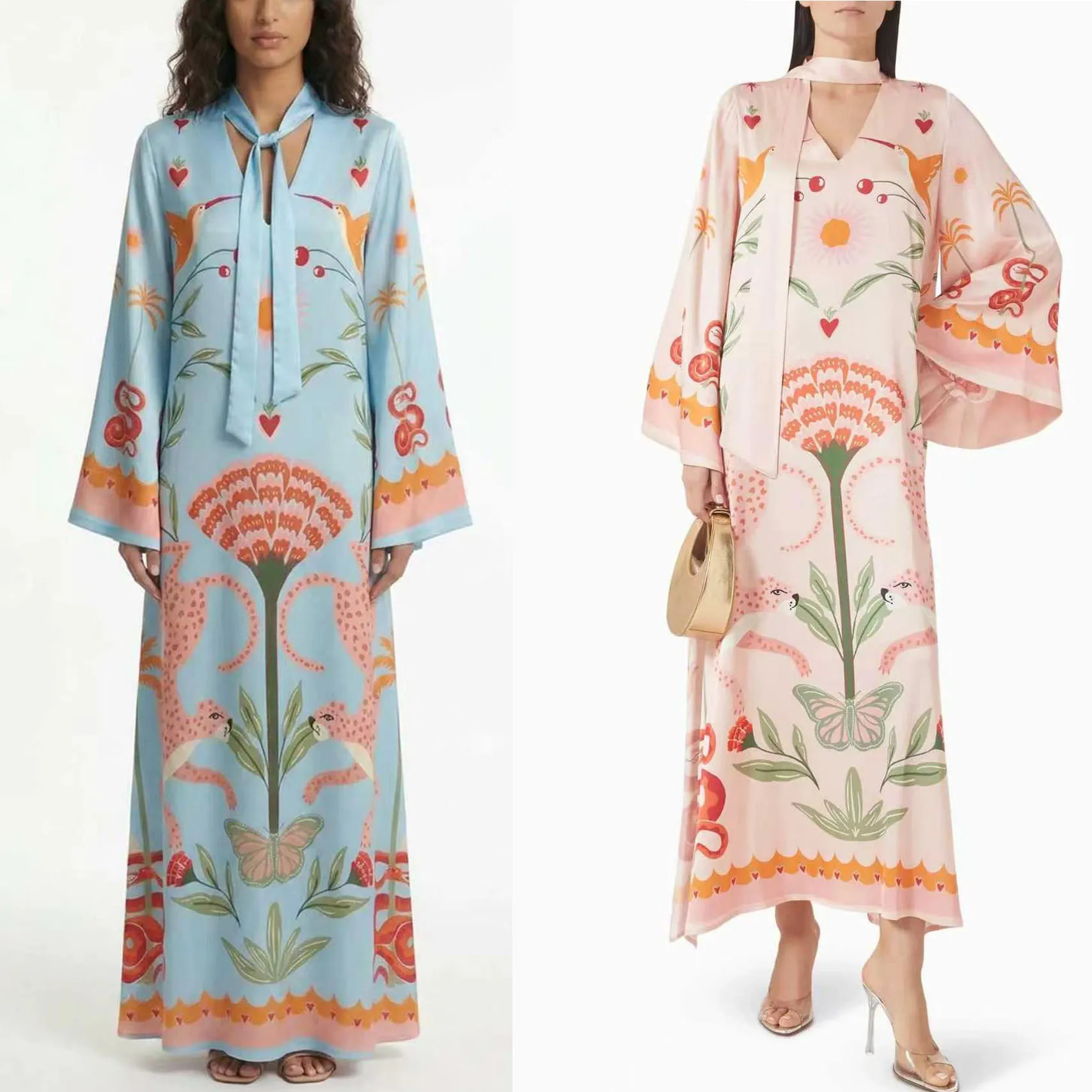 Luxury and fashionable spring/summer new item color Ding positioning printed dress, loose ribbon long sleeved dress