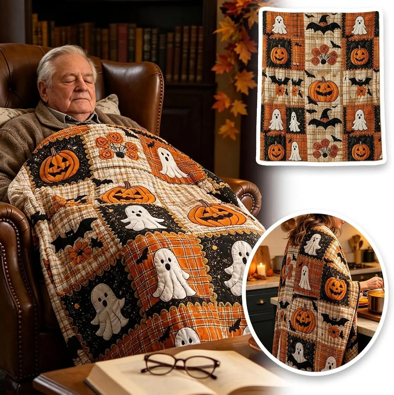 Halloween Pumpkin Ghost Bat Print Flannel Blanket, Patchwork Plaid Design, Soft Microfiber, Lightweight Warm, Halloween Decor Blanket for Sofa Couch Bed (A, 59 x 51 in)
