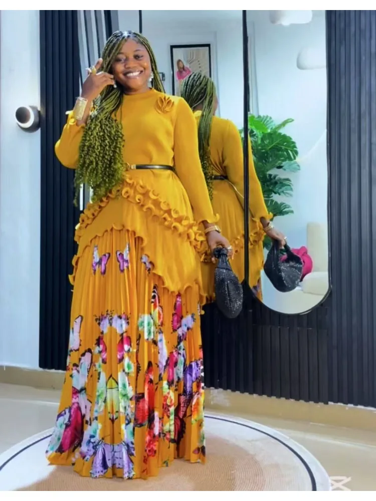 

2026 Miyake Fashion Print Pleated 2 Piece Set Women Belt Loose Tops + High Waist A-line Long Skirts New Sets