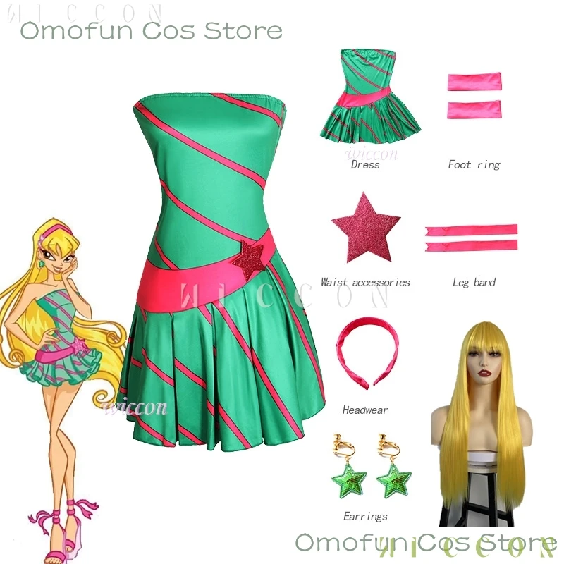 Anime Club Cartoon Princess Stella Cosplay Dress Adult Women Hot Girls Style Clothes Halloween Party Dress-up Green Suit