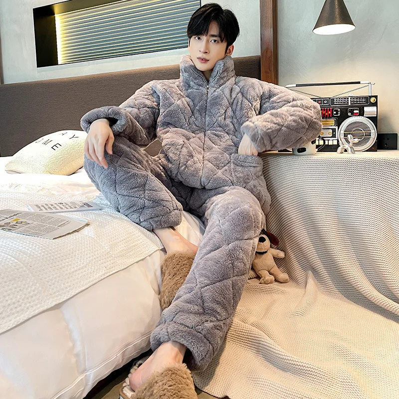 2022 Winter New 2PCS Pajamas Set Coral Fleece Men Sleepwear Nightwear Casual Thick 3 Layers Quilted Sleep Home Clothes Warm