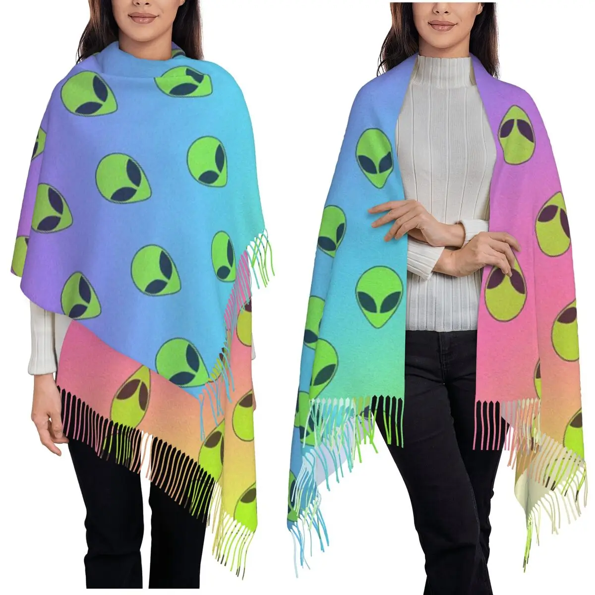 

Забавный шарф с рисунком инопланетянина, шарфы с кисточками для женщин, мягкие теплые шали и накидки, длинная осенне-зимняя шаль